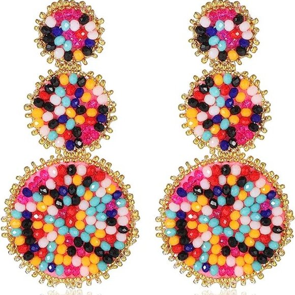 Confetti Multicolor Beaded Triple Tier Earrings Bohemian Bold Boho Statement New - Picture 3 of 11